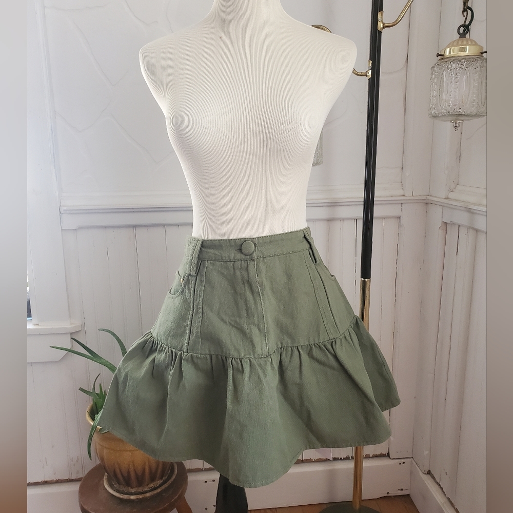 NWT LoveShackFancy Dock Mini Skirt Olive Green Eucalyptus Cotton Large